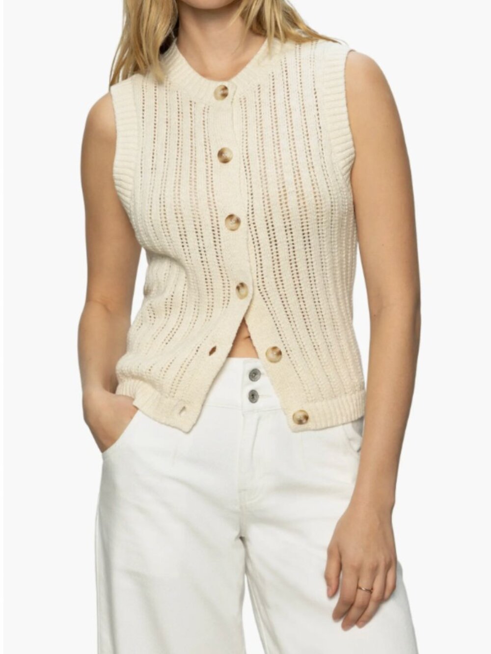 Sanctuary Pointelle Stitch Cotton Button-Up Sweater Vest Size M Neutral Preppy
